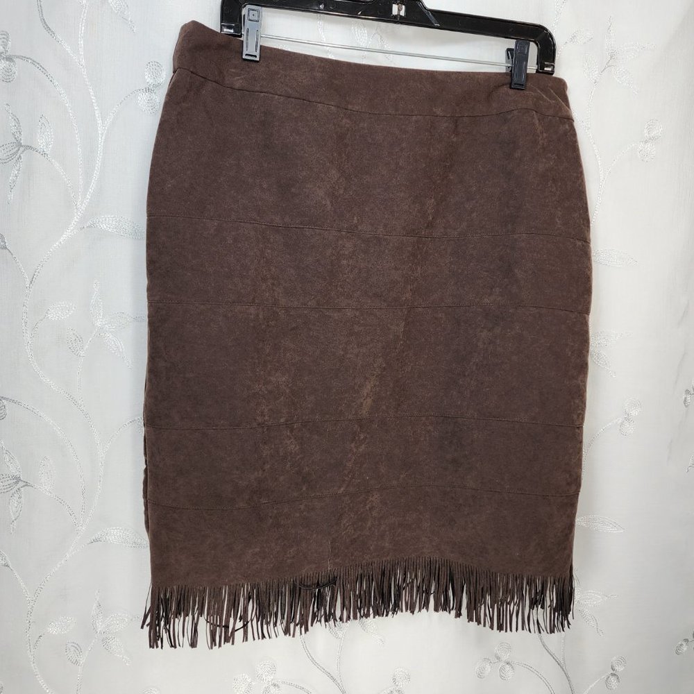 Faux Suede, Boho, Midi Pencil Skirt with Fringe Trim. Large. Studio 253